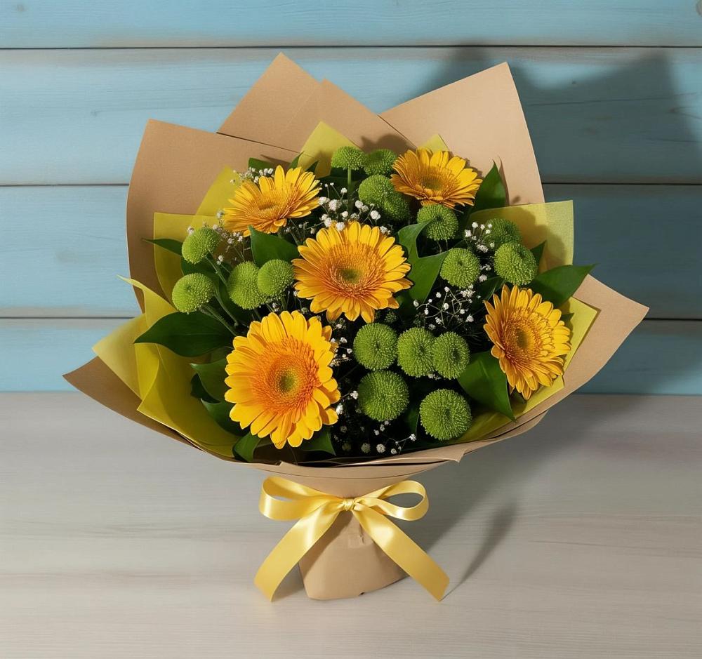 Букет цветов из: Герберы и Хризантемы в Шентала