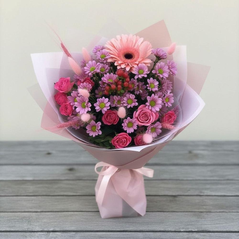 Букет цветов из: Розы, Герберы и Хризантемы в Шентала