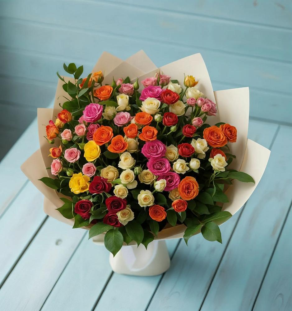 Букет Микс из разноцветных кустовых роз в Шентала