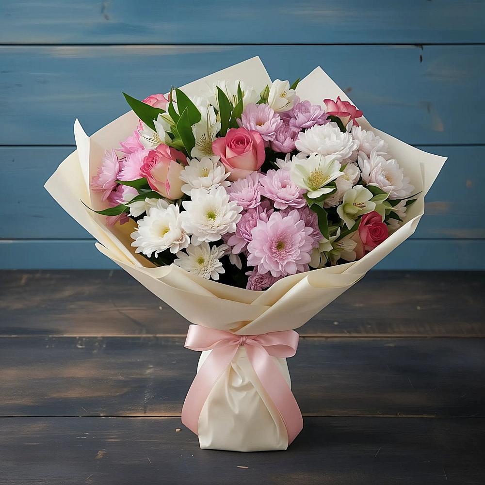 Букет цветов из: Хризантемы, Альстромерии и Розы в Шентала